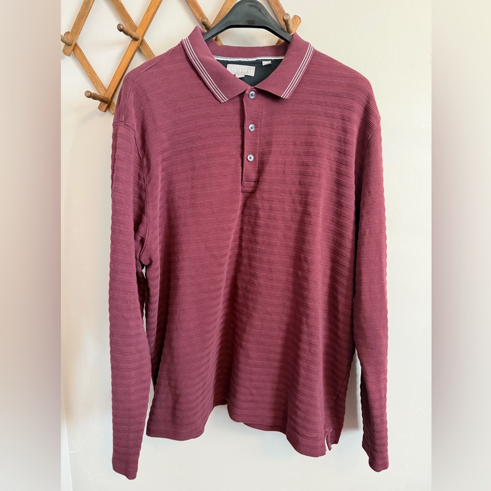 Ted Baker Burgundy Textured Stripe Long Sleeve Polo XXL